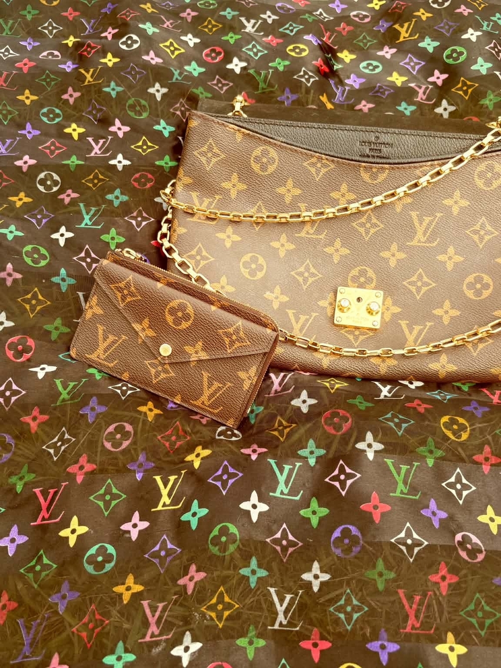 Louis Vuitton Brown Monogram Chain Shoulder Bag with Matching Wallet Set
